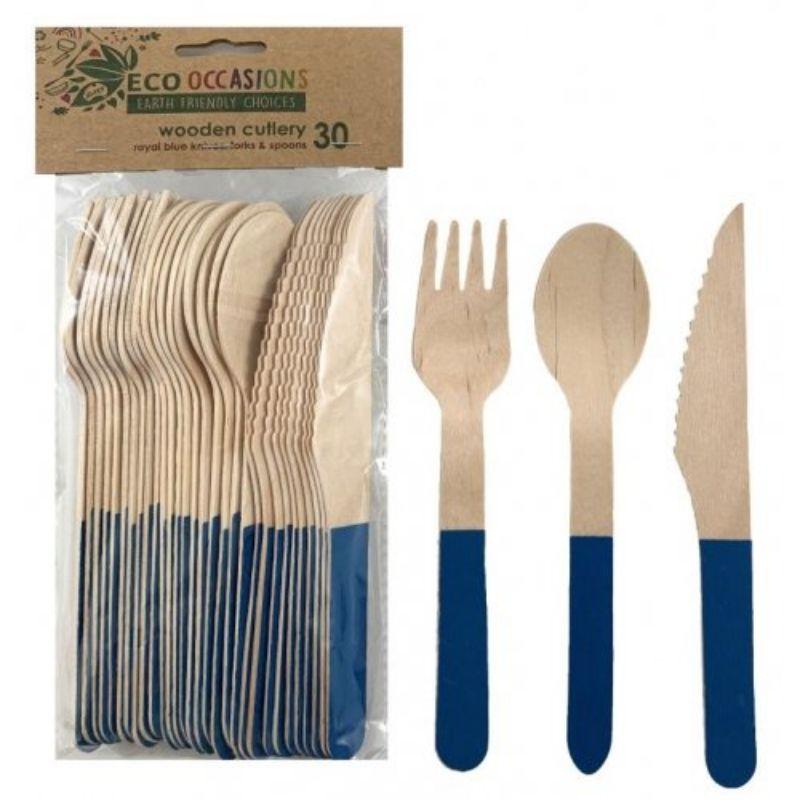 30 Pack Royal Blue Wooden Cutlery - 10 x Forks, Knives & Spoons