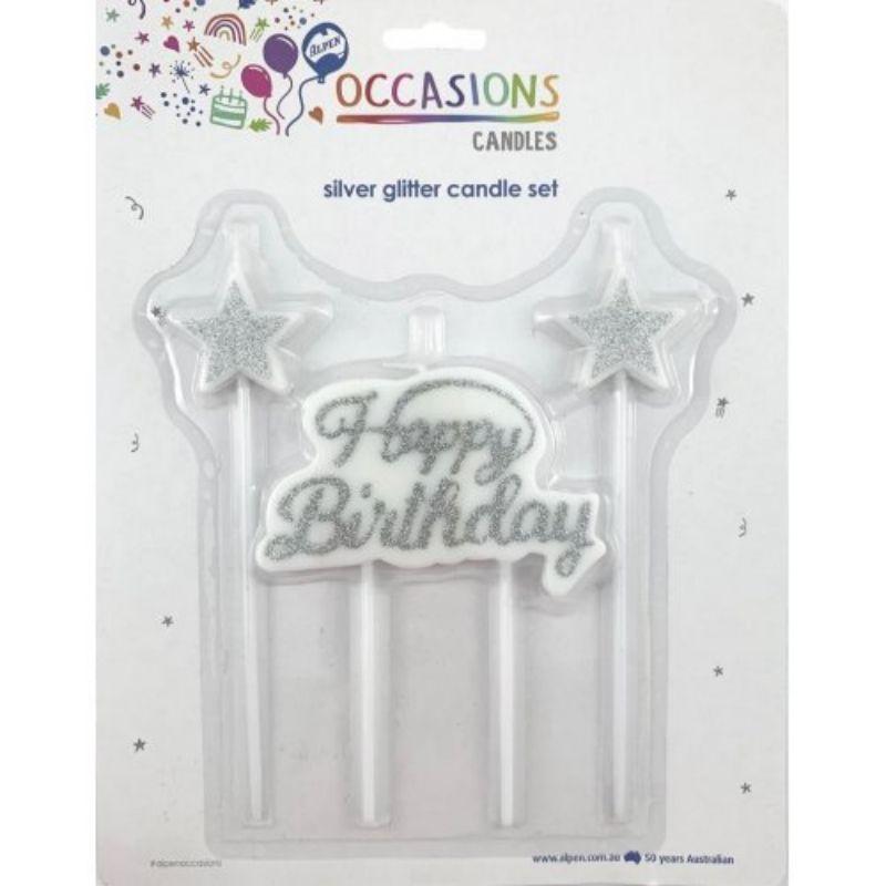 Glitter Silver Happy Birthday Candle Plaque + Stars