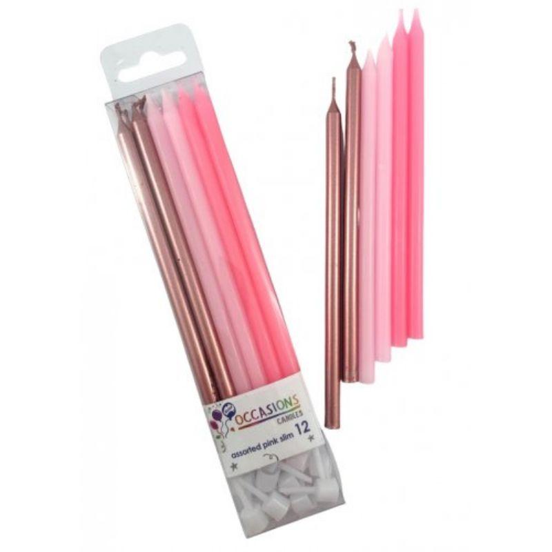 12 Pack Pinks & Metallic Slim Candles with Holders - 12cm