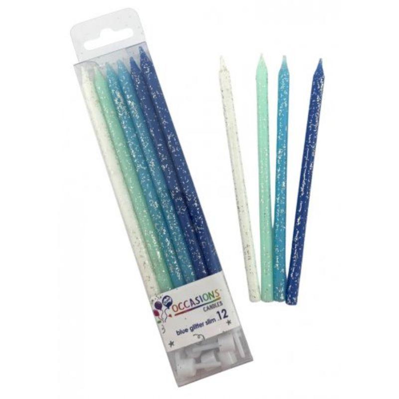 12 Pack Blues Glitter Slim Candles with Holders - 12cm