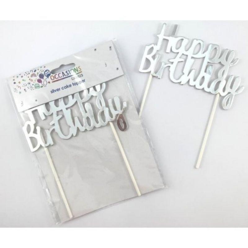 Metallic Silver Happy Birthday Cake Topper