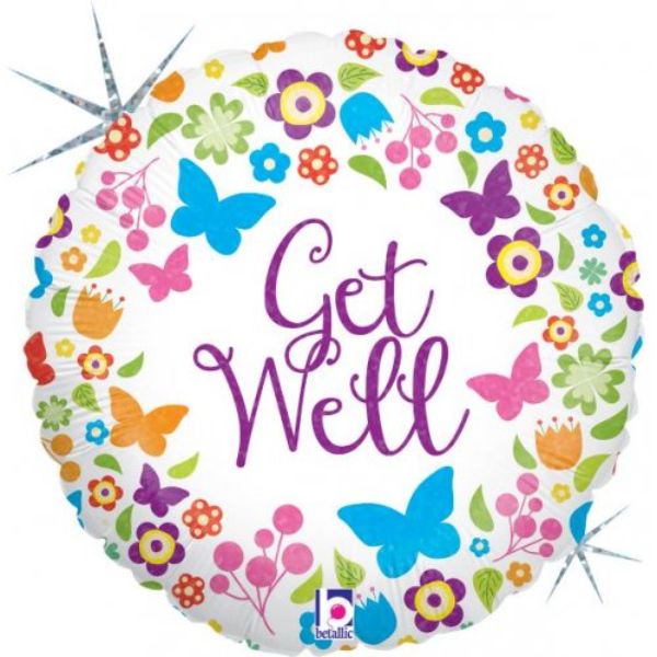 Round Holographic Butterflies & Flowers Get Well Foil Balloon - 45cm