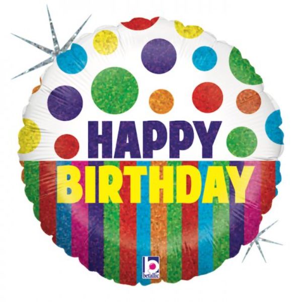 Happy Dots Birthday Stripes Round Foil Balloon - 46cm