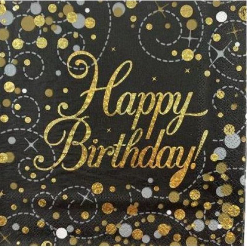 16 Pack Black Gold Happy Birthday Sparkling Fizz Napkin - 33cm