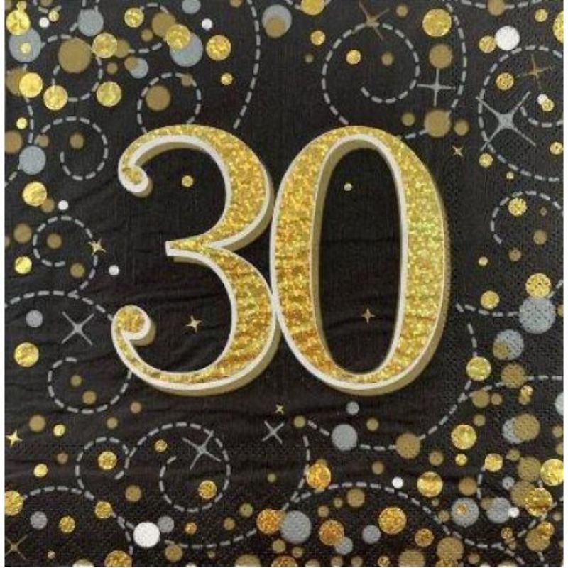 16 Pack Sparkling Fizz Black Gold 30th Birthday Napkins - 33cm x 33cm