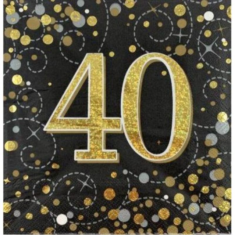 16 Pack Sparkling Fizz Black Gold 40th Birthday Napkins - 33cm x 33cm