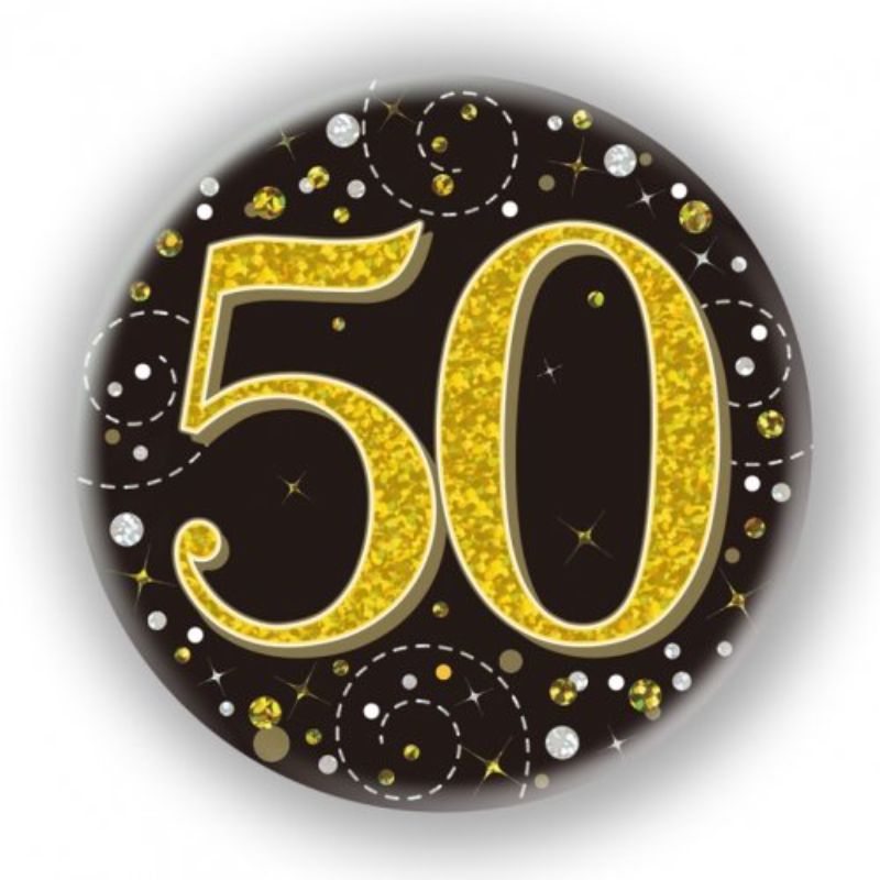 Black Gold Sparkling Fizz 50 Birthday Badge - 7.5cm