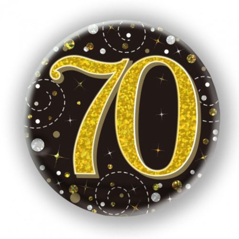 Black Gold Sparkling Fizz 70 Birthday Badge - 7.5cm