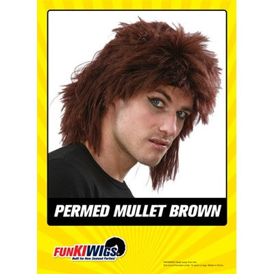 Mens Brown Permed Mullet Wig