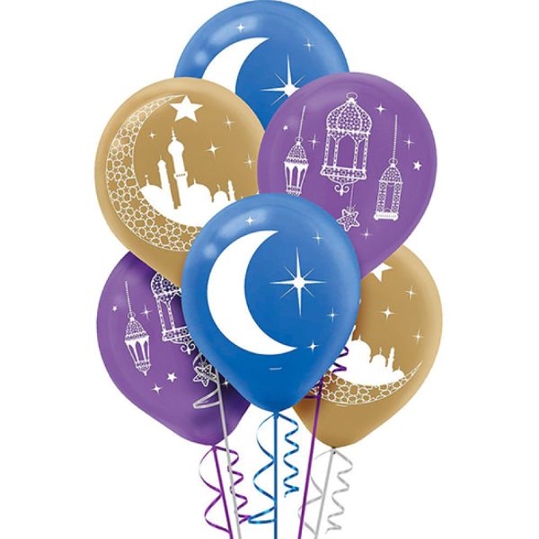 15 Pack Mosque Lantern Moon & Stars Latex Balloons - 30cm