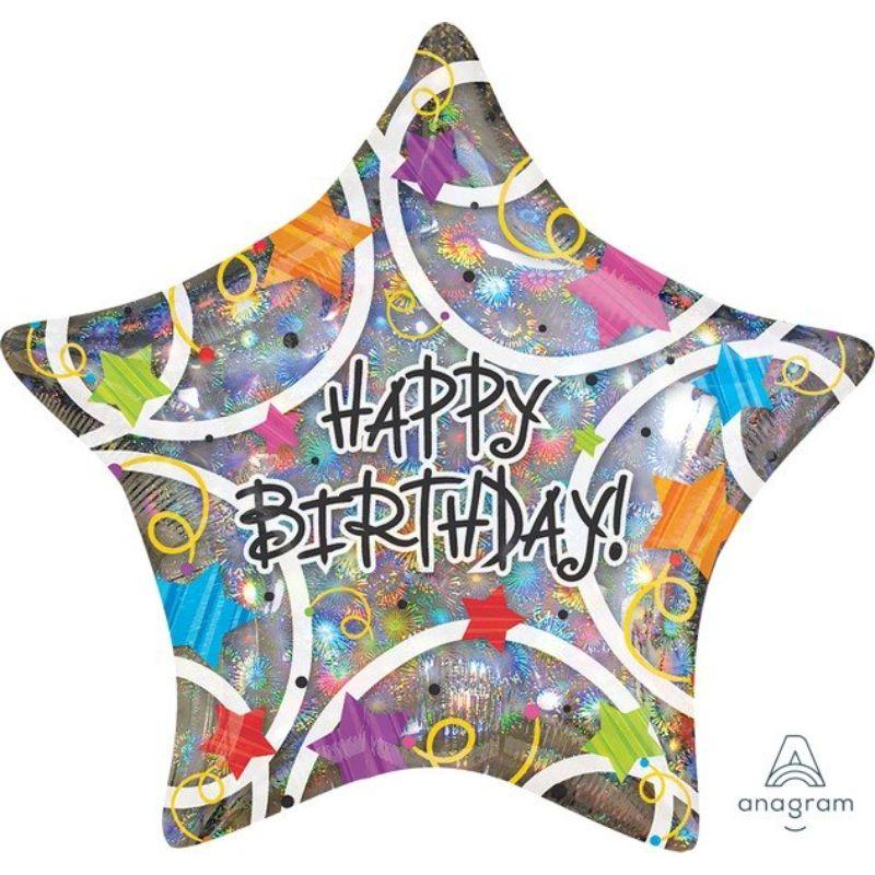 Holographic Star Happy Birthday Foil Balloon - 45cm