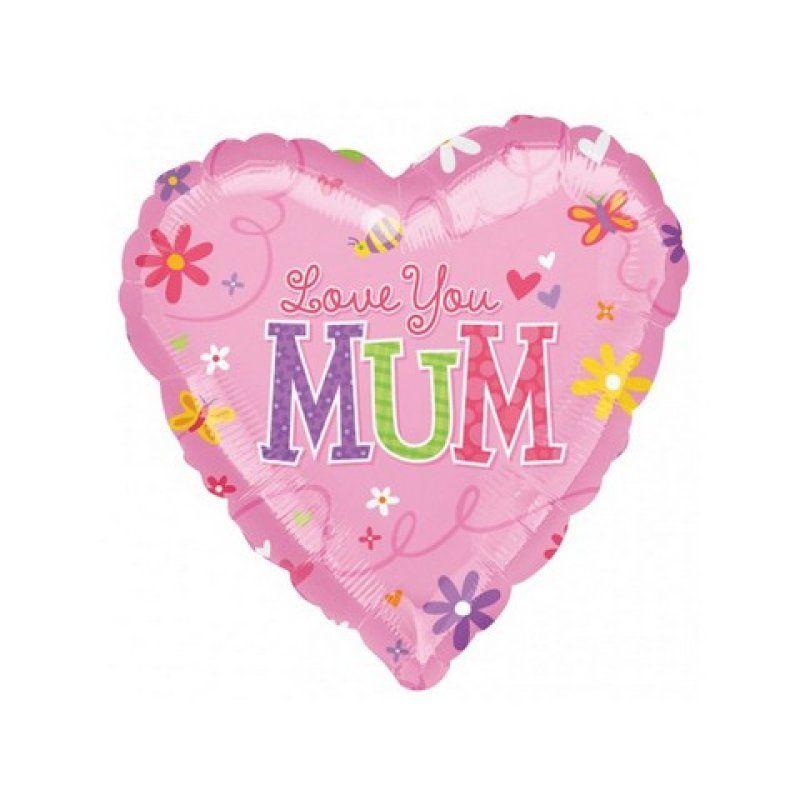 Pink Love You Mum Heart Shape Standard Foil Balloon - 45cm