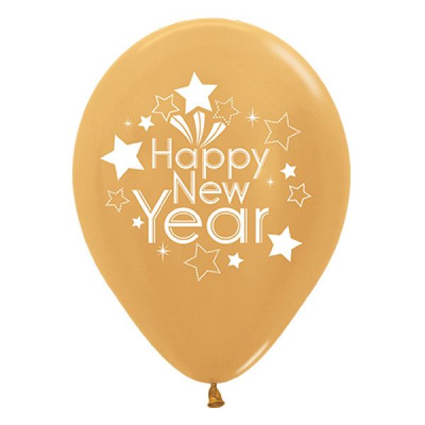 6 Pack Metallic Gold Happy New Year Latex Balloon - 30cm