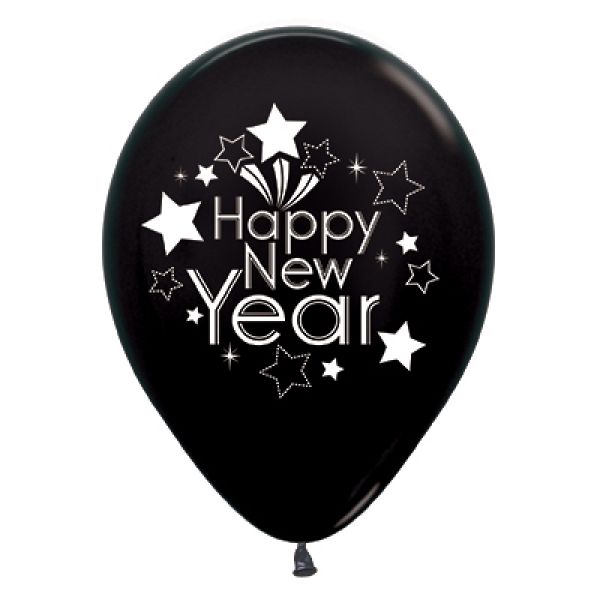 6 Pack Metallic Black Happy New Year Latex Balloon - 30cm