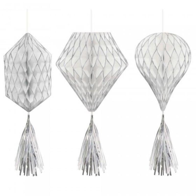 3 Pack Silver & White Mini Honeycomb Hanging Decorations - 30cm