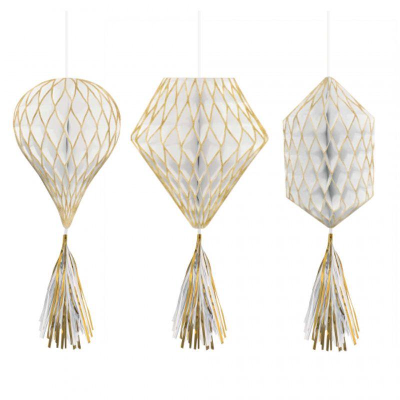 3 Pack Gold & White Mini Honeycomb Hanging Decorations with Tassels - 30cm
