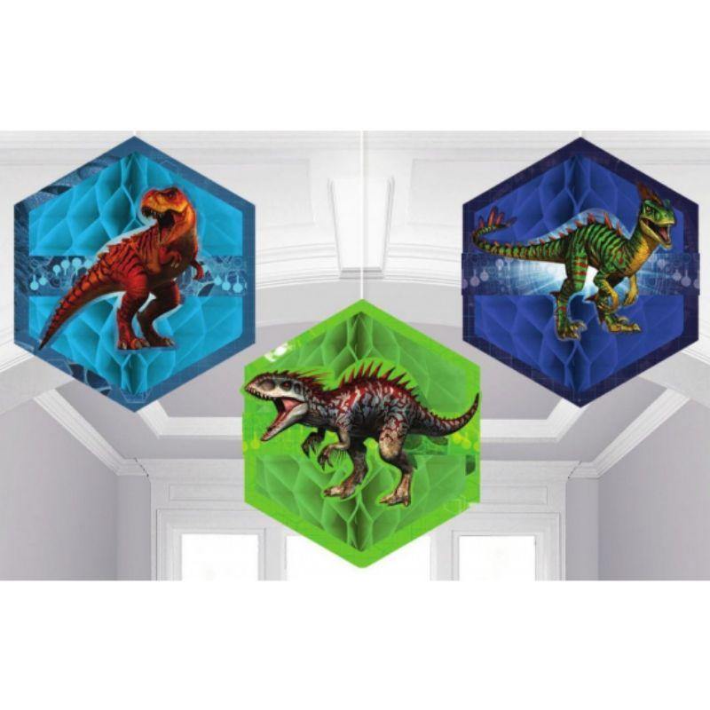 3 Pack Jurassic World Tissue & Printed Paper Honeycomb Decorations - 17.7cm - The Base Warehouse