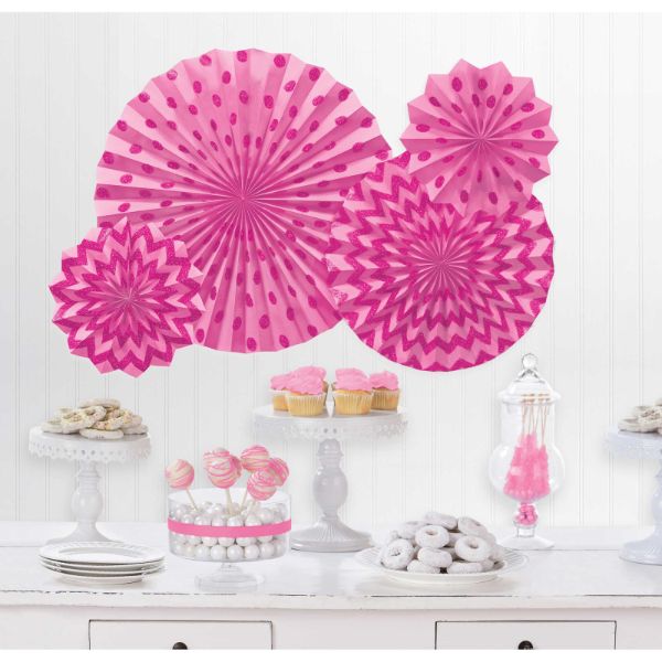 4 Pack Bright Pink Hanging Glitter Fan Decorations