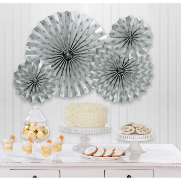 4 Pack Silver Hanging Glitter Fan Decorations