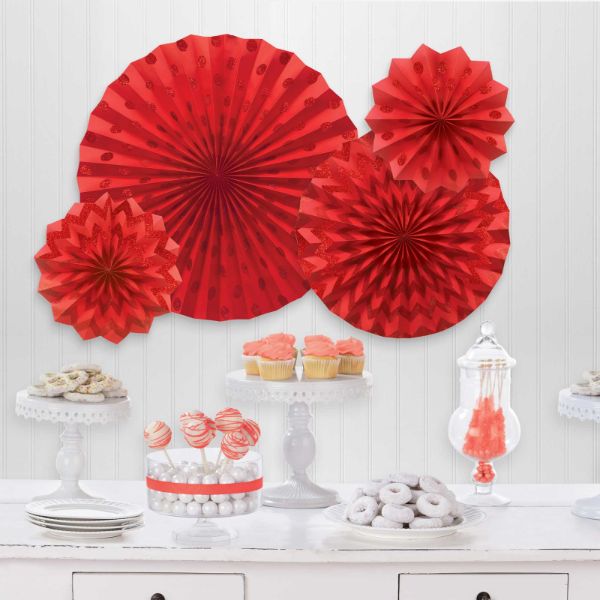 4 Pack Apple Red Glitter Fans Hanging Decorations