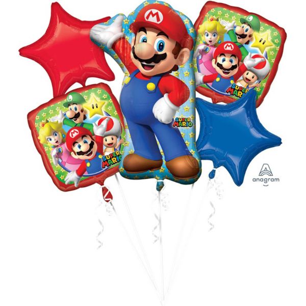 5 Pack Bouquet Super Mario Brothers Foil Balloons