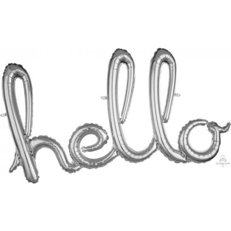 Silver hello Script Phrases Foil Balloon - 99cm x 55cm - The Base Warehouse