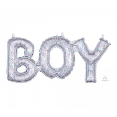 Silver Holographic BOY Phrase Foil Balloon - 50cm x 22cm - The Base Warehouse