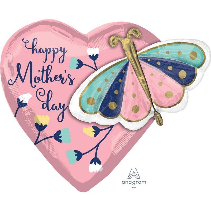 Pink Happy Mothers Day Multi Balloon Butterfly & Heart Shape Foil Balloon - 66cm x 60cm