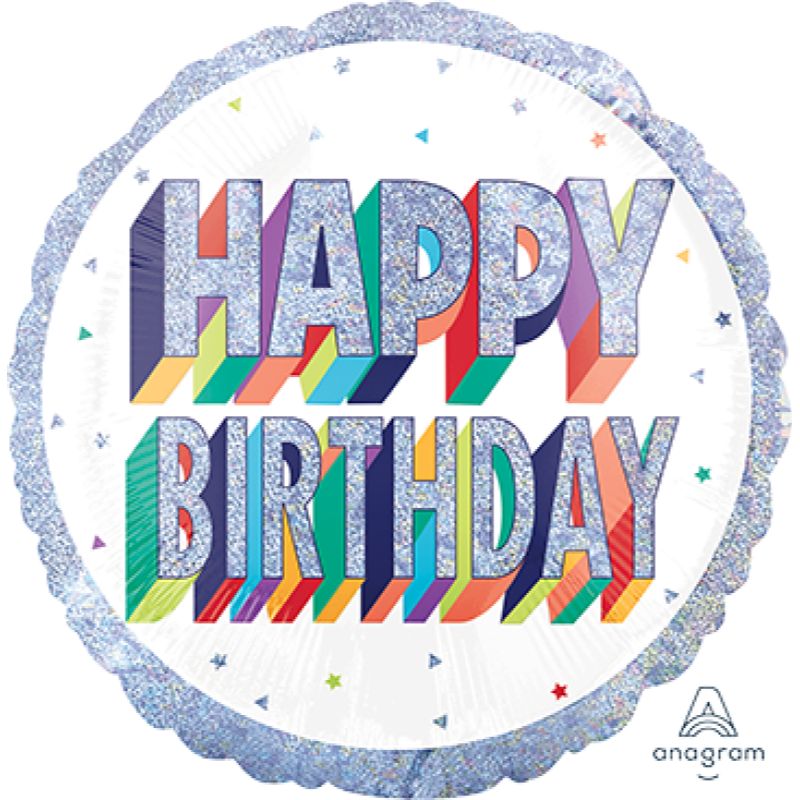 Happy Birthday Holographic Round Foil Balloon - 45cm