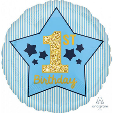 1st Birthday Blue & Gold Boy Foil Balloon - 45cm - The Base Warehouse