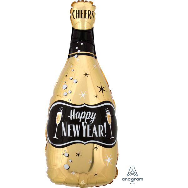 Extra Large Happy New Year Gold & Black Bubbly Foil Balloon - 25cm x 66cm