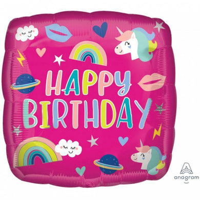 Happy Birthday Unicorn Trendy Icons Foil Balloon - 45cm - The Base Warehouse