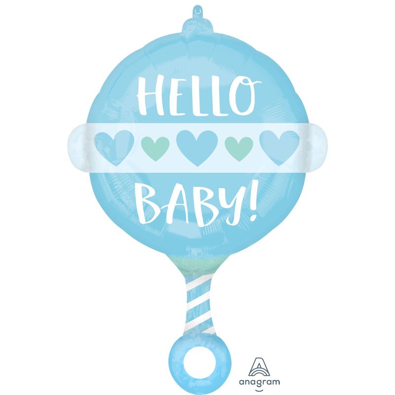 Standard Shape Hello Baby Boy Rattle Foil Balloon - 43cm x 60cm