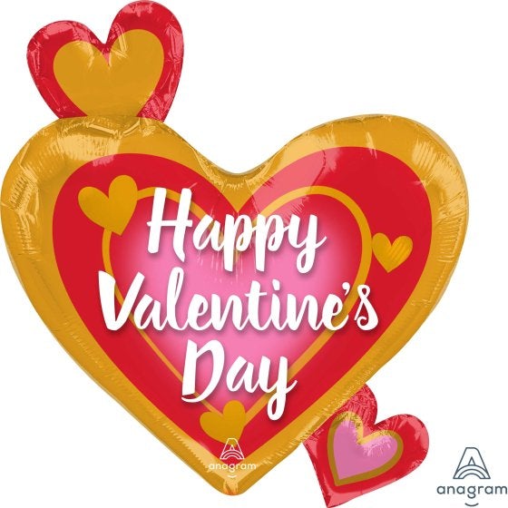 Standard Shape XL Happy Valentines Day Pink, Gold & Red Foil Balloon - 50cm x 55cm