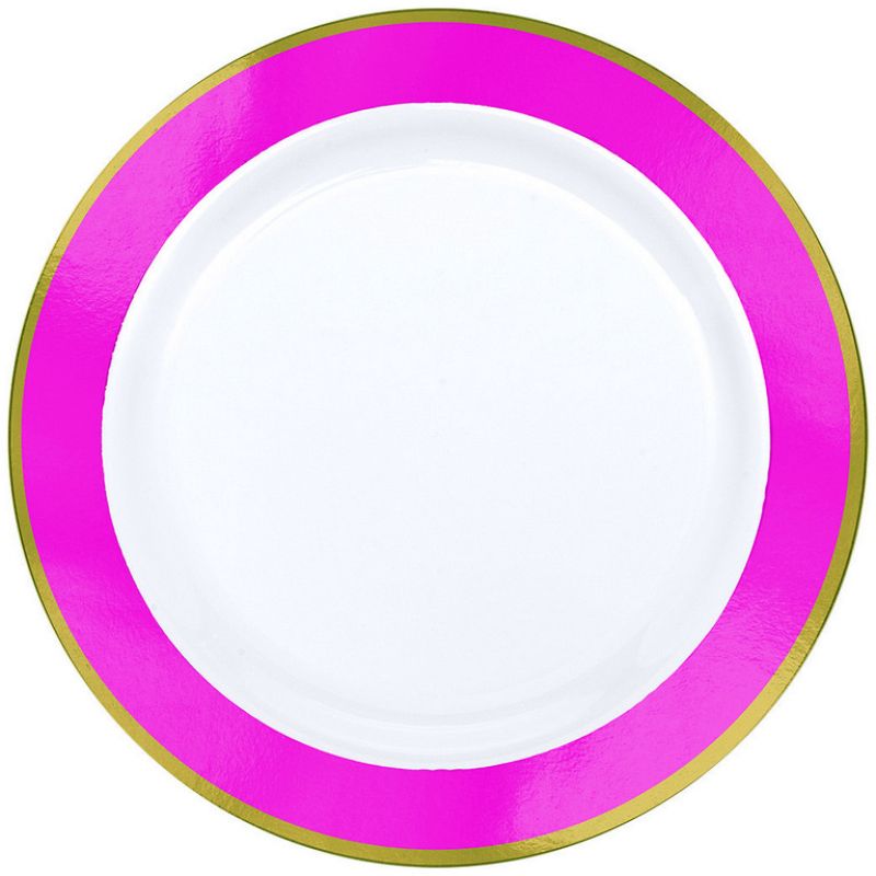10 Pack White with Bright Pink Border Premium Plastic Plates - 19cm