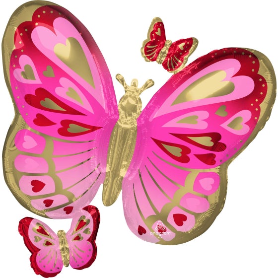 Supershape Butterfly Red, Pink & Gold Foil Balloon - 73cm x 71cm