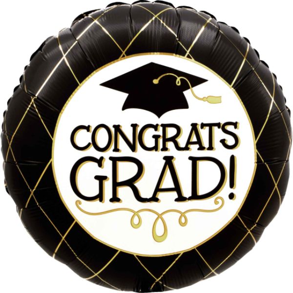 Congrats Graduation Black & Gold Satin Foil Balloon - 45cm