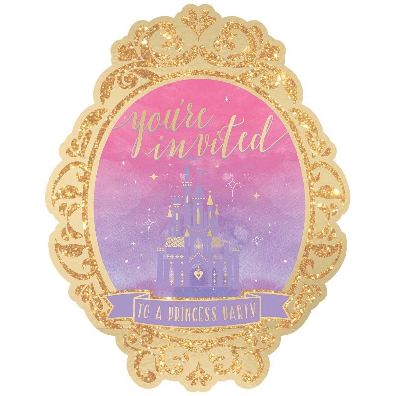 8 Pack Disney Princess Once Upon a Time Deluxe Glittered Invitations - 18cm x 14cm