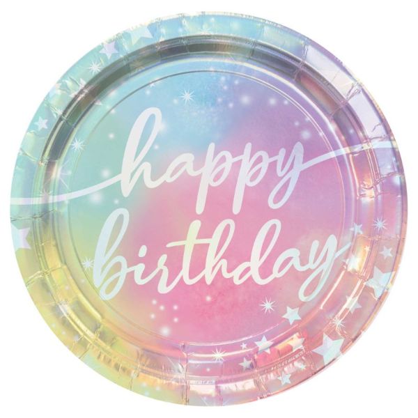 8 Pack Luminous Birthday Iridescent Paper Plates - 23cm