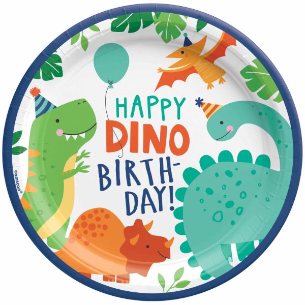 8 Pack Round Dino Party Dinosaur Birthday Paper Plates - 23cm