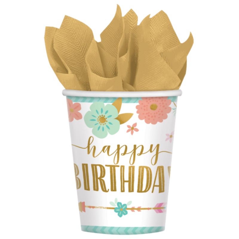 8 Pack Boho Happy Birthday Girl Paper Cups - 266ml