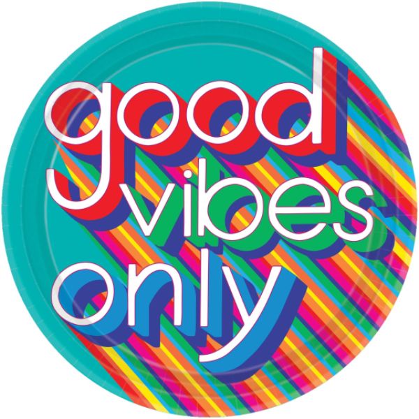 8 Pack Good Vibes 70s Round Paper Plates - 26cm