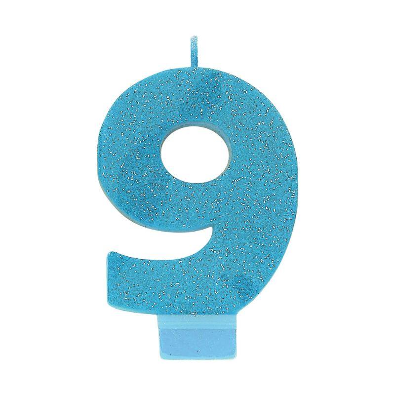 #9 Blue Gltr Numeral Candle