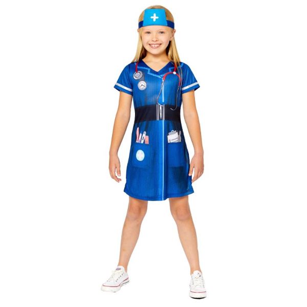 Sustainable Printed Dress & Headpiece Nurse Costume - (6 - 8 Years)