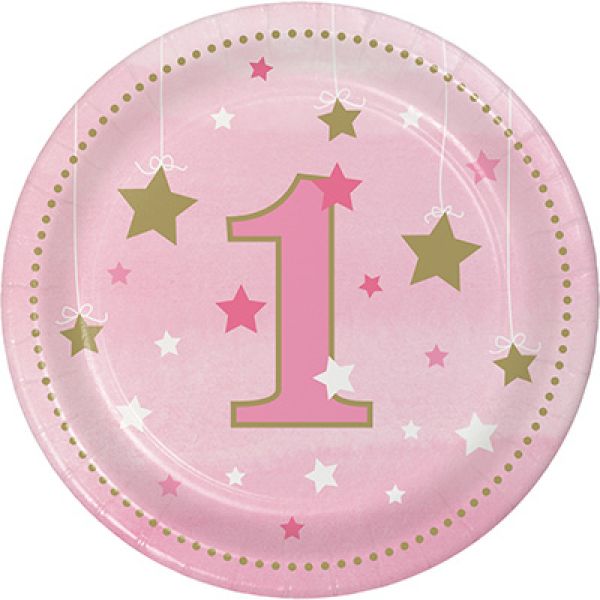 8 Pack Pink Round Little Star Birthday One Paper Plates - 18cm