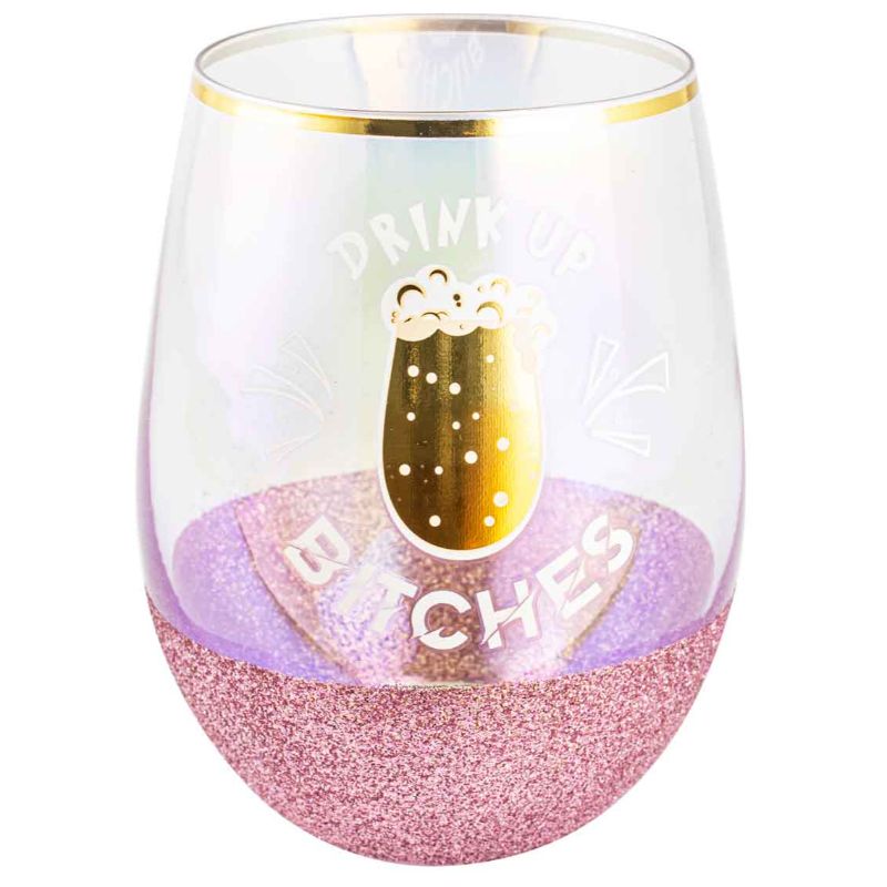 Drink Up Bitches Pink Glitterati Stemless Glass - 600ml