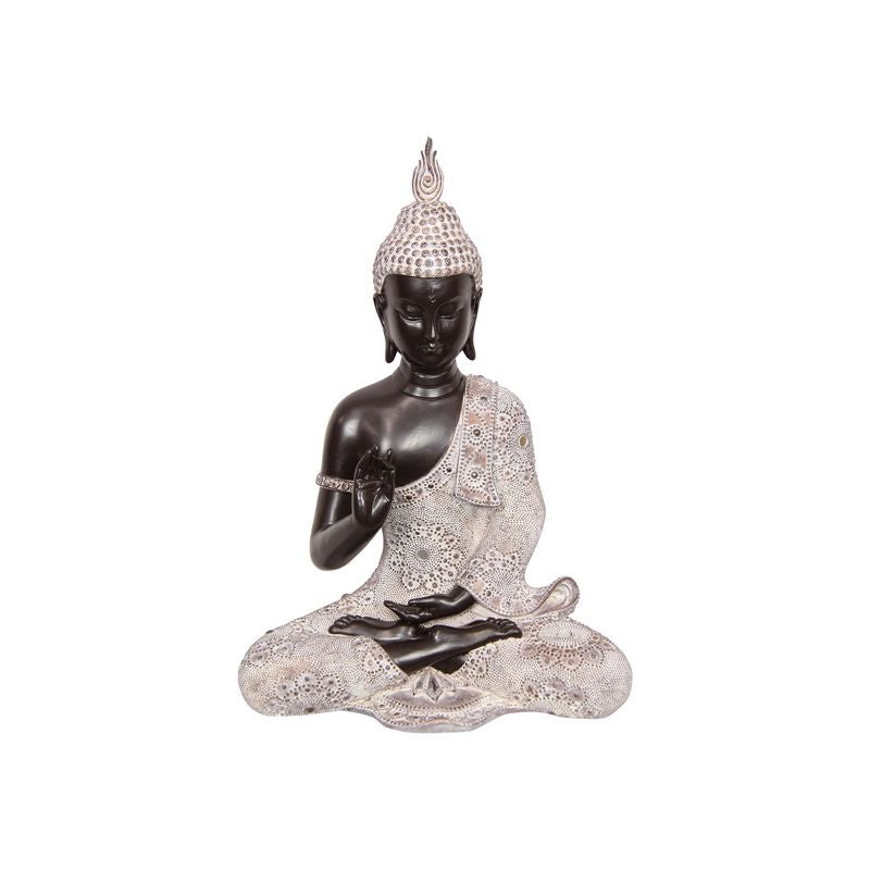 Black Buddha in Silver/Brown Boho Tribal Robes Meditating Pose Statue - 36cm
