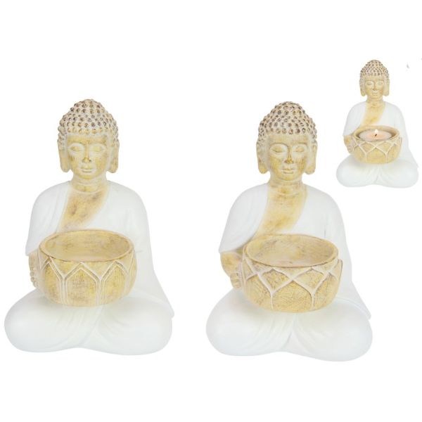 White & Natural Rulai Buddha Holding Tealight - 14cm