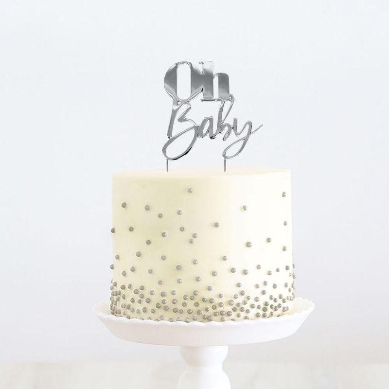 Silver Oh Baby Metal Cake Topper - 21cm x 8cm