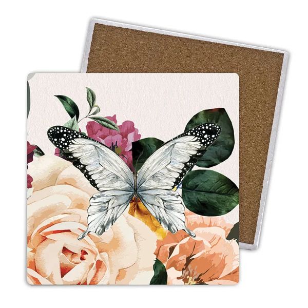 4 Pack Rose Ceramic Butterfly & Floral Coaster Gift Box - 10cm x 10cm